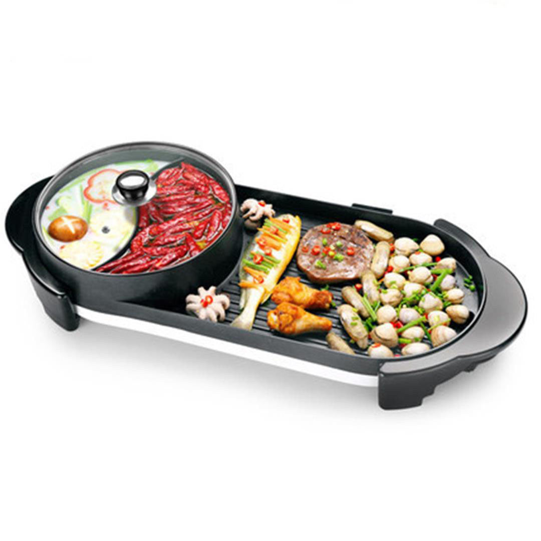 NNEAGS 2X 2  in 1 Electric Non-Stick BBQ Teppanyaki Grill Plate Steamboat Hotpot 2-8 Person