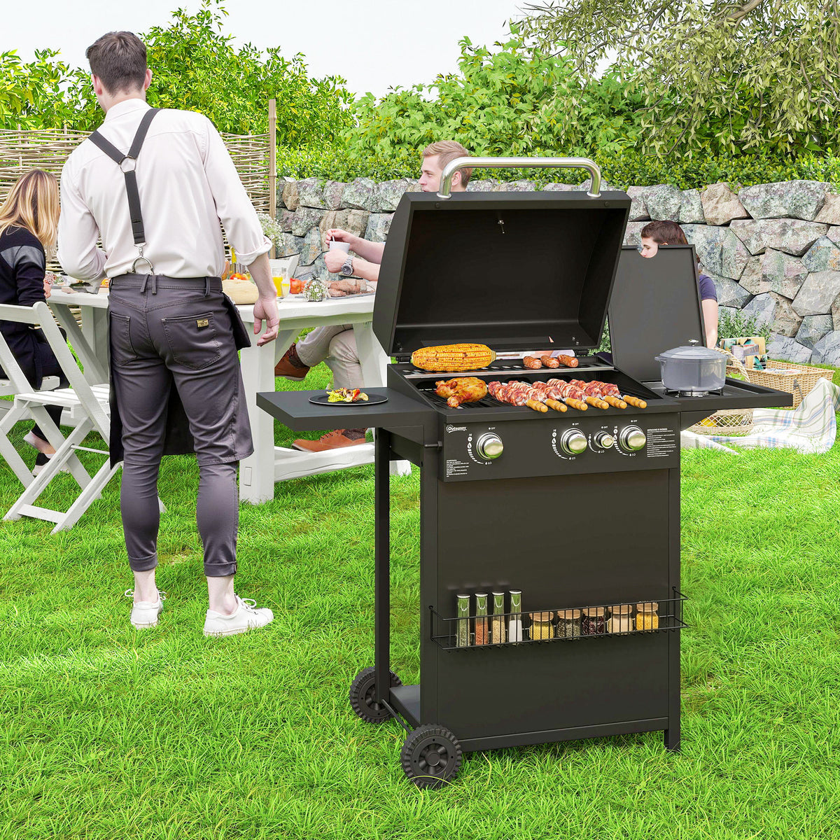 Barbecue gaz 3+1 brûleurs en acier, puissance 9,5 kW, barbecue de jardin 2 grilles étagères latérales, 2 roues, noir