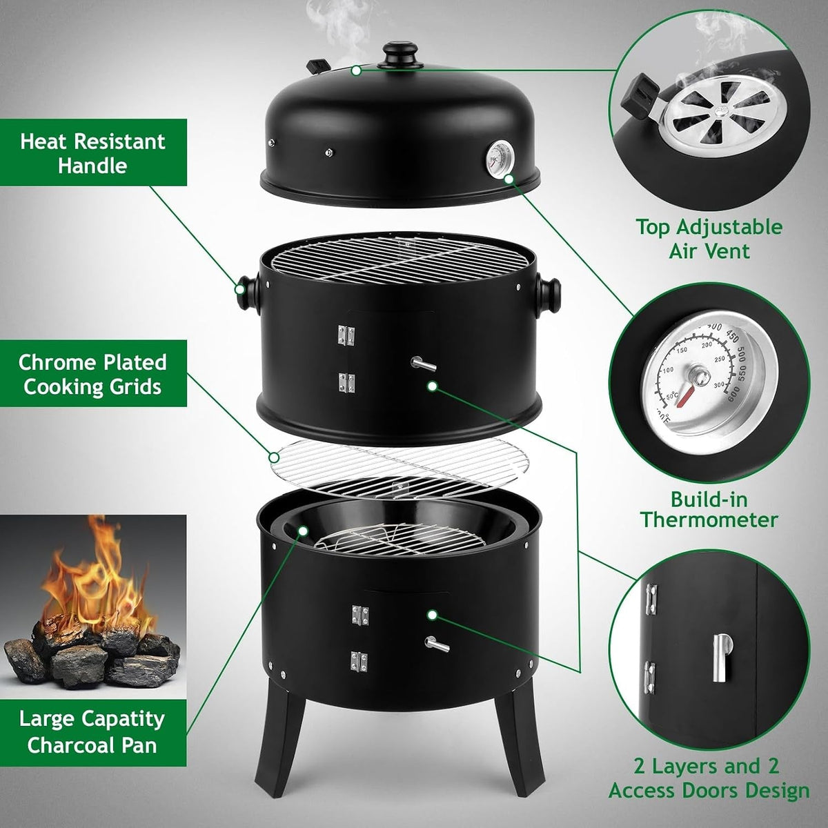 Charcoal Vertical Barbecue Smoker Grill Three In One Portable