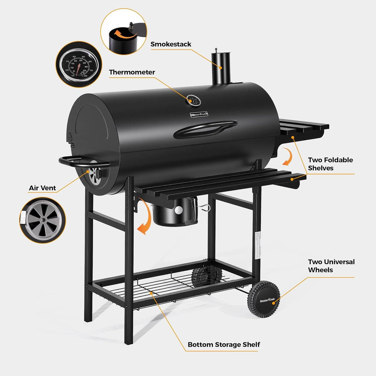 Barrel Charcoal Grill With Telescoping Front Shelf