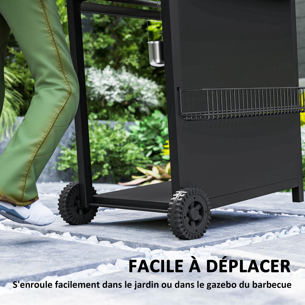 Barbecue gaz 3+1 brûleurs en acier, puissance 9,5 kW, barbecue de jardin 2 grilles étagères latérales, 2 roues, noir