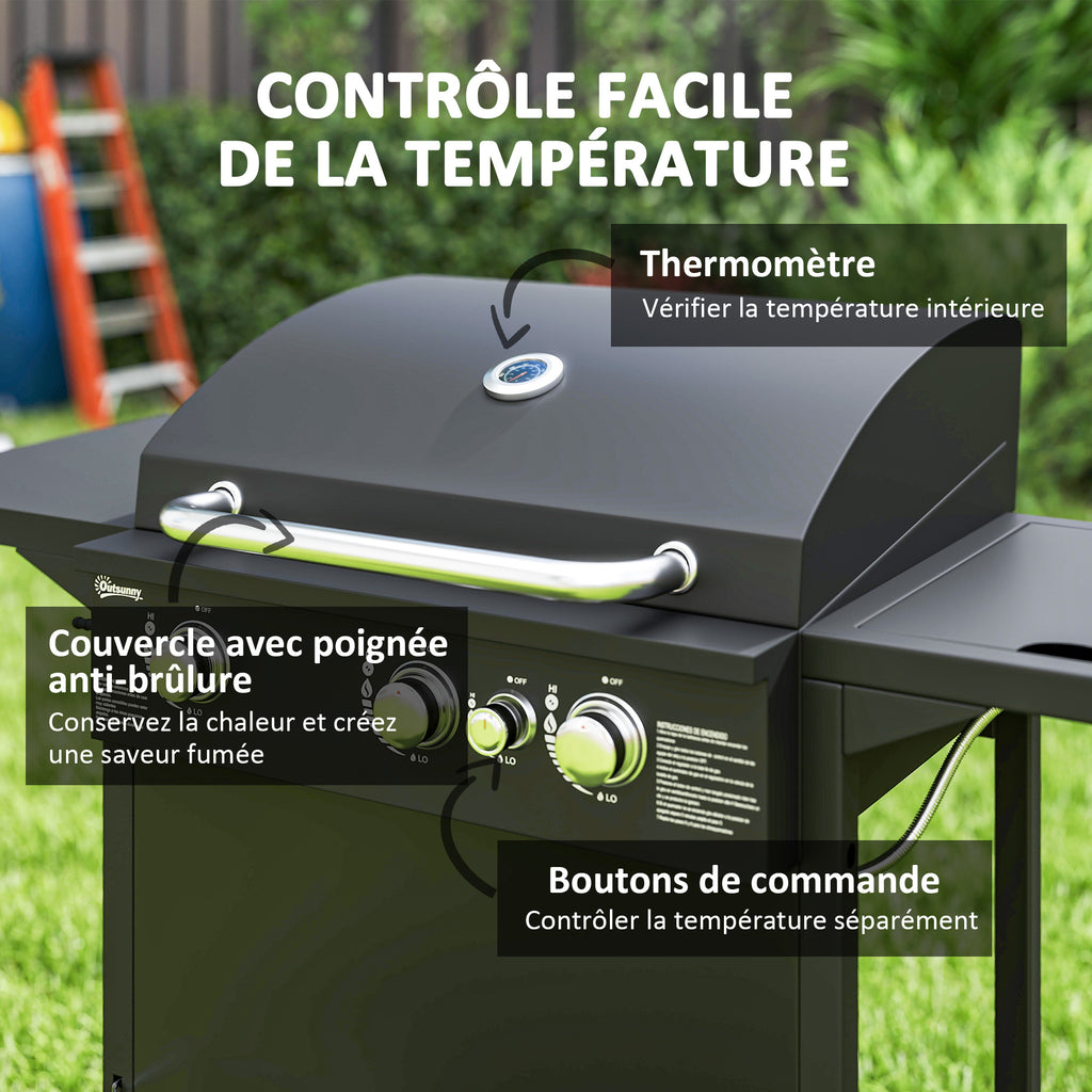 Barbecue gaz 3+1 brûleurs en acier, puissance 9,5 kW, barbecue de jardin 2 grilles étagères latérales, 2 roues, noir