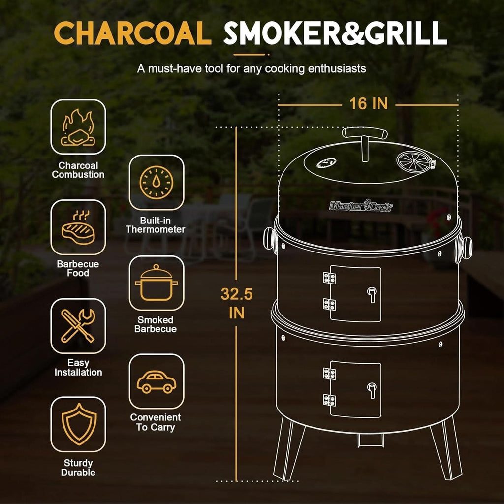 Sixteen Inch Charcoal Barbecue Smoker Thermometer Included