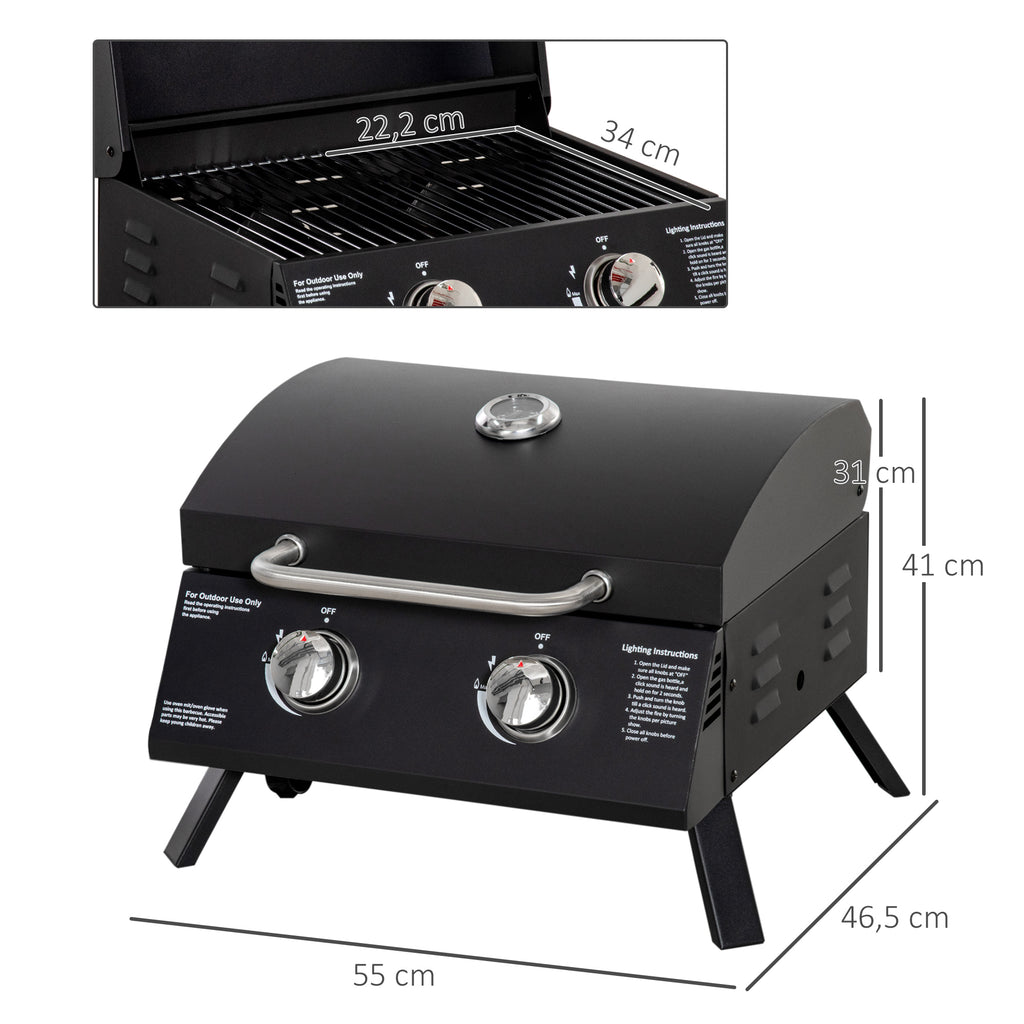 Barbecue gaz de Table transportable Pieds Pliables - 2 brûleurs 5 KW - Barbecue gaz de Camping - Grille de