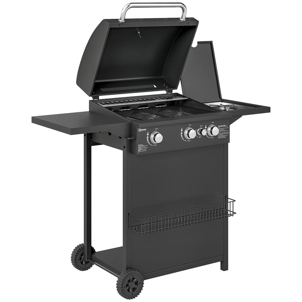 Barbecue gaz 3+1 brûleurs en acier, puissance 9,5 kW, barbecue de jardin 2 grilles étagères latérales, 2 roues, noir