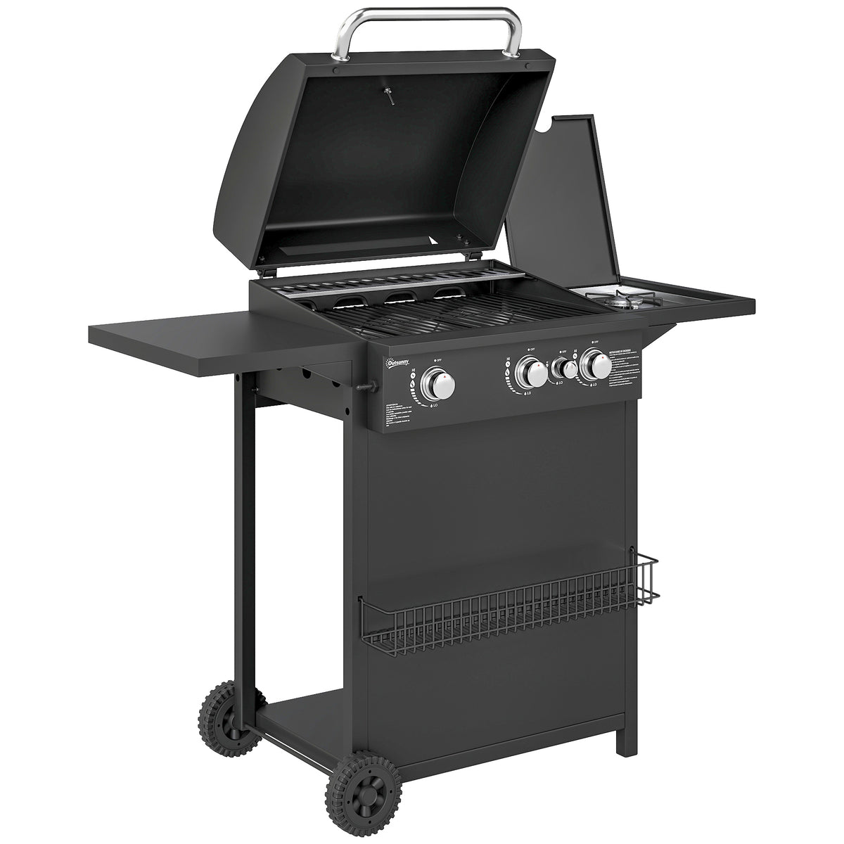 Barbecue gaz 3+1 brûleurs en acier, puissance 9,5 kW, barbecue de jardin 2 grilles étagères latérales, 2 roues, noir